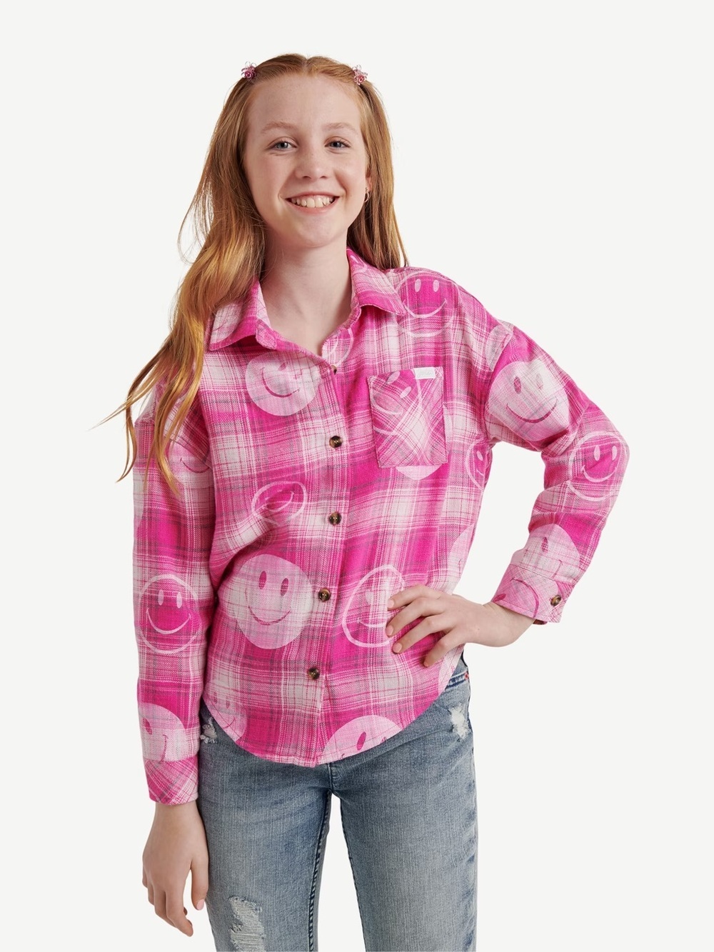 Justice girls oversized smiley face button up flannel size medium 10